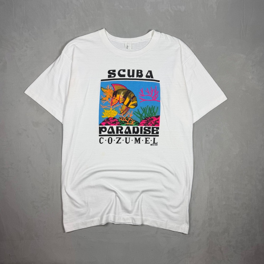 90s Mens Scuba Paradise Cozumel Mexico Graphic T-Shirt Souvenir White XXL‎